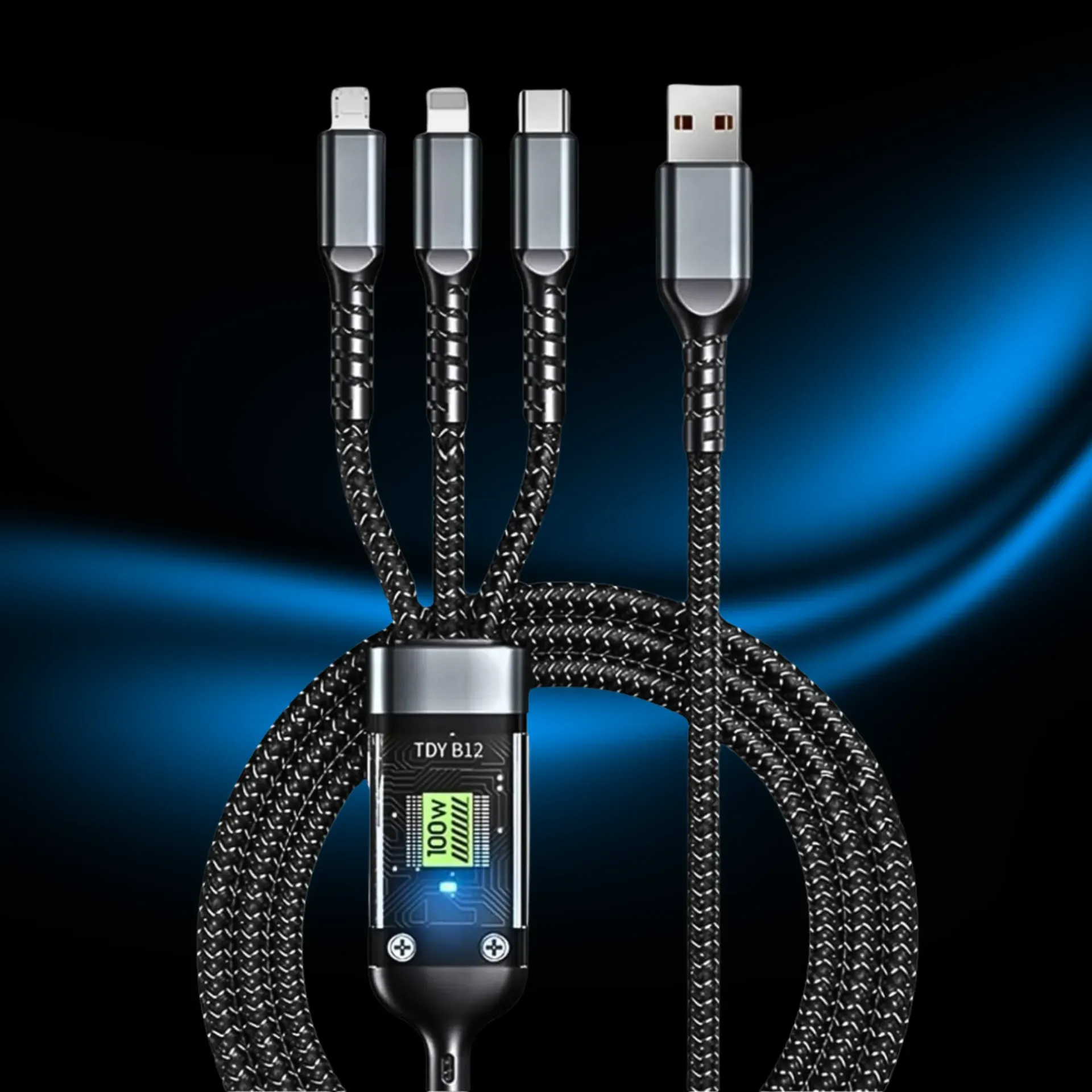 Urbanrat 100W Fast Charging 3-in-1 USB Cable | 1m Long Nylon Braided Cord with Type-C, Micro USB & compatible with Lightning Connectors